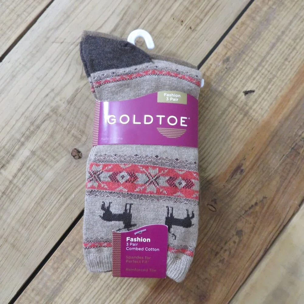 NWT Women's Gold Toe 3 pack Cotton Fashion Socks Shoe Size 6-9 Fall Winter